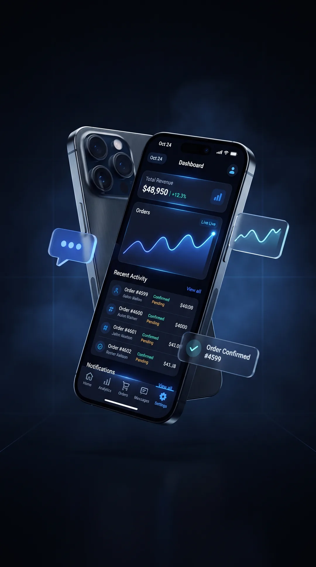 Aplikacja mobilna od GPTGATES — dashboard firmy z przychodami, zamówieniami i powiadomieniami na smartfonie