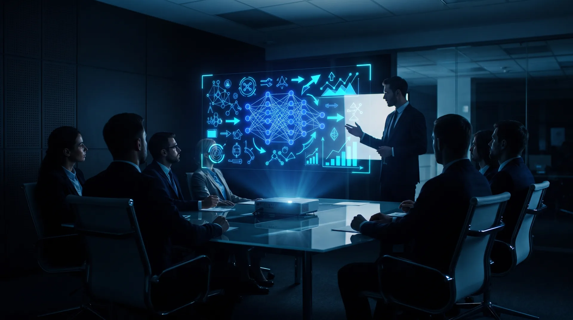 Wdrożenie AI dla firm GPTGATES — zespół podczas szkolenia analizuje holograficzne diagramy sztucznej inteligencji